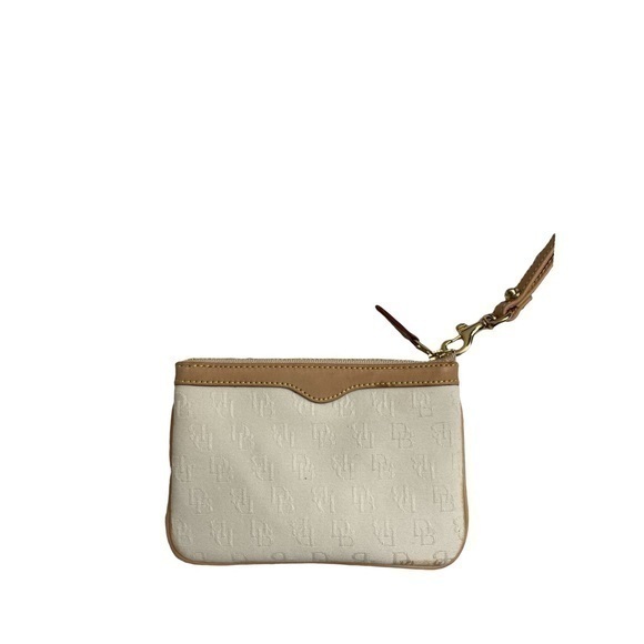 Dooney and Bourke cream white brown signature db canvas leather wristlet bag - Picture 1 of 8